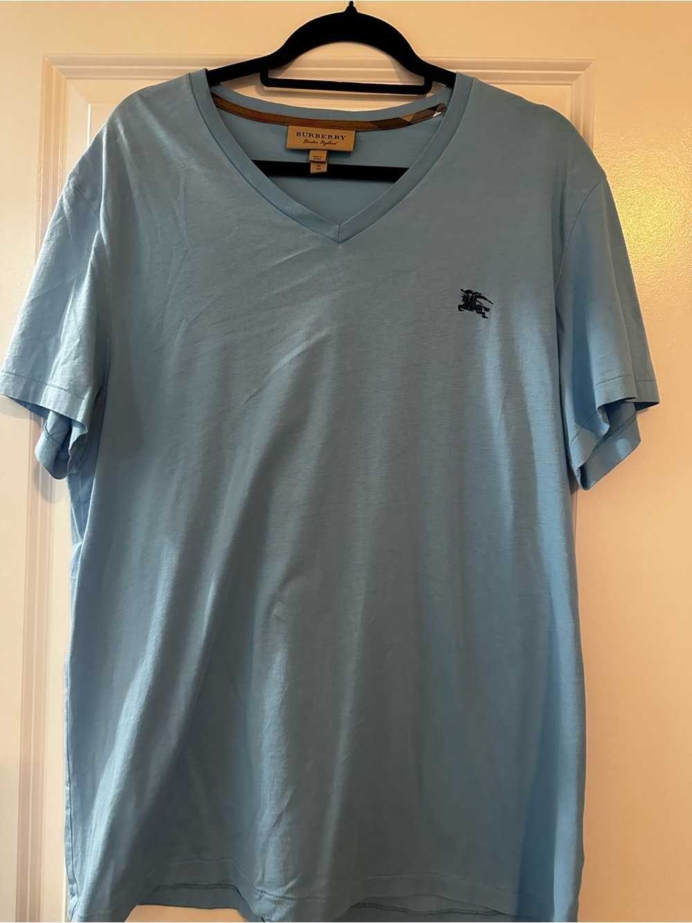 Burberry Light Blue V-Neck Embroidered Logo Tee